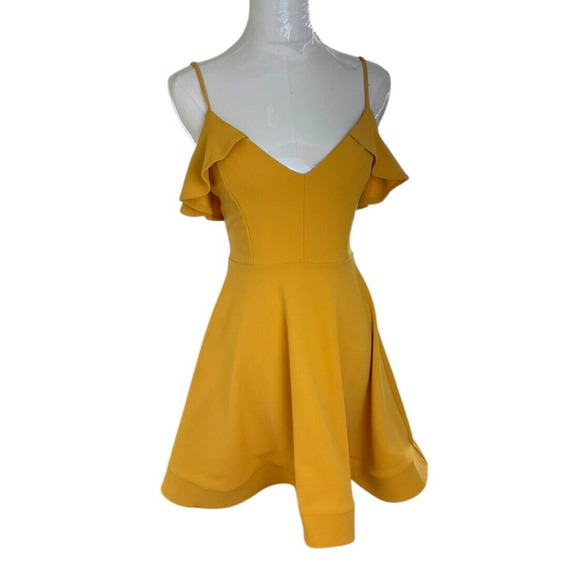 Papaya Yellow Ruffle Skater Mini Dress Small Spaghetti Straps Made in USA - Picture 1 of 11